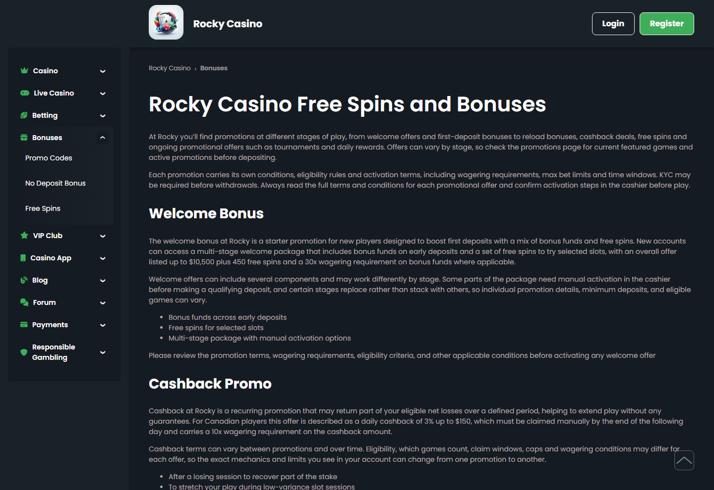 Die Bonusseite von Rocky Casino mit dem geöffneten Untermenü Promo Codes, No Deposit Bonus und Free Spins