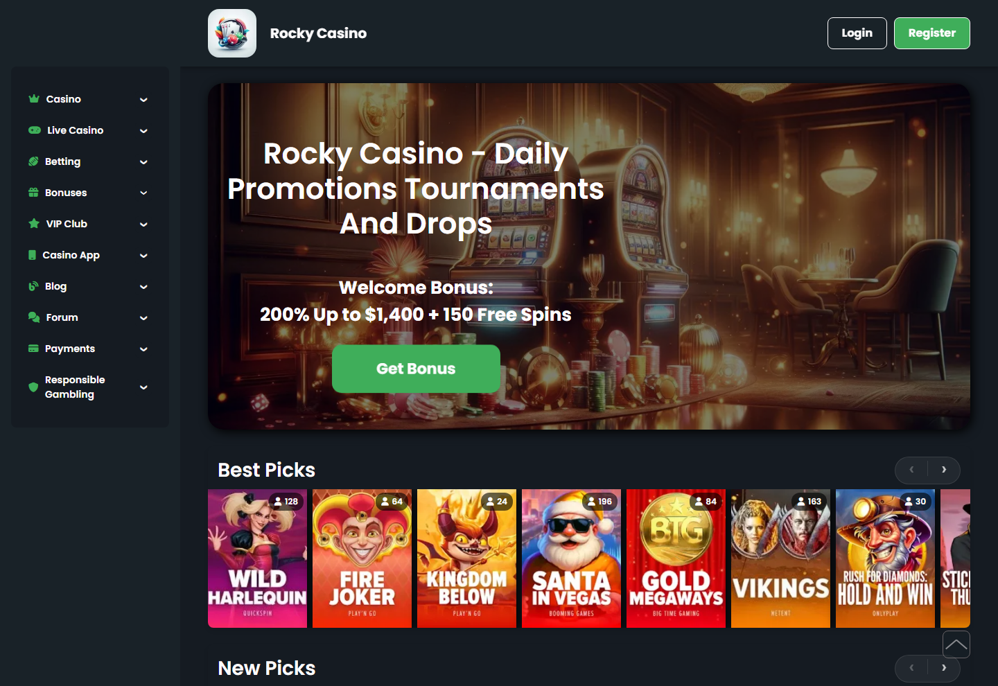 Die Startseite von Rocky Casino am 25. August 2026, mit dem Willkommensbonus-Banner und der Spiellobby