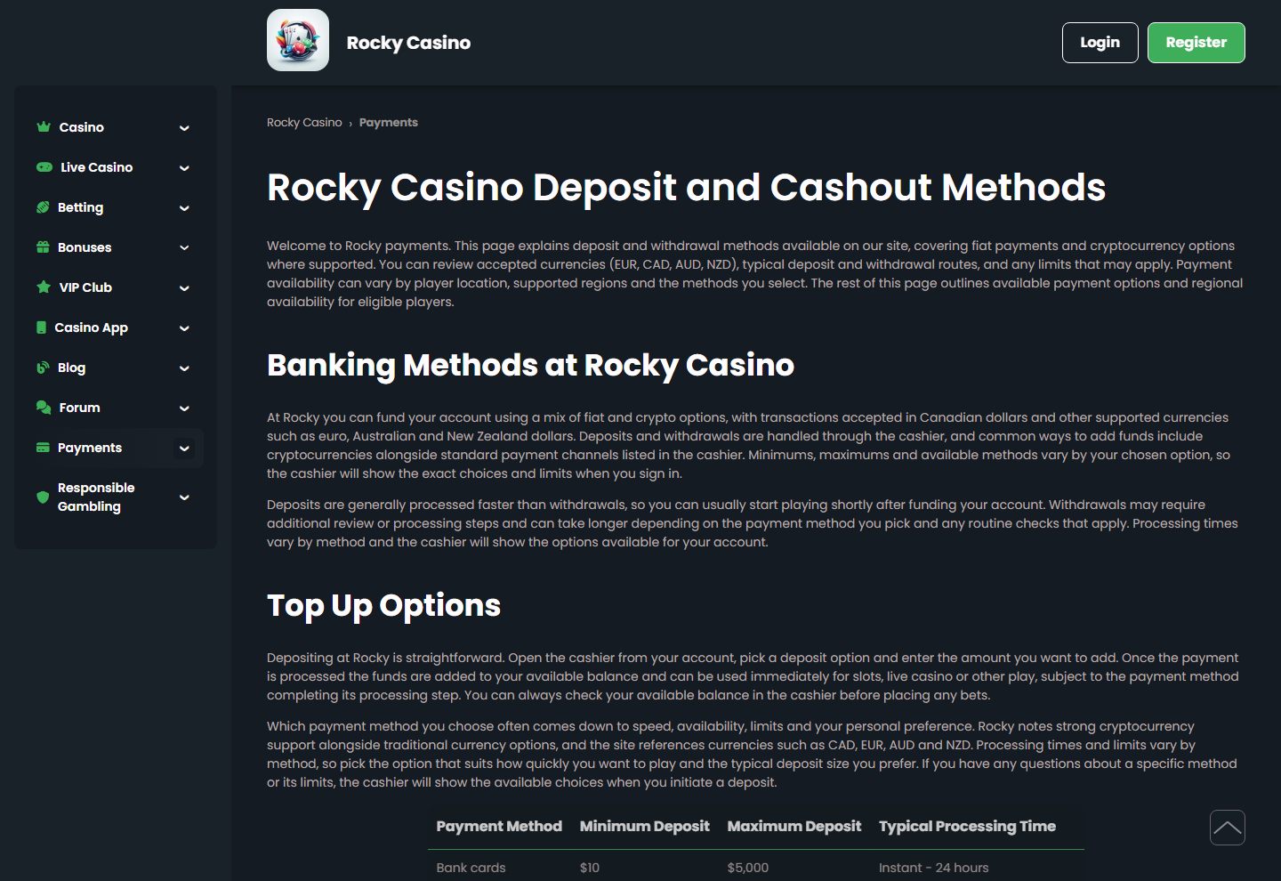 Die Zahlungsseite von Rocky Casino mit Einzahlungs- und Auszahlungsmethoden und deren Limits