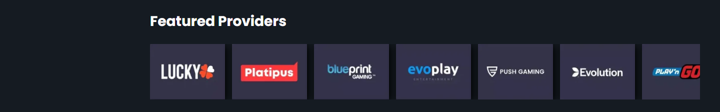 Der Streifen "Featured Providers" auf rocky.casino: eine Reihe Studiologos ohne jeden Text unter der Überschrift
